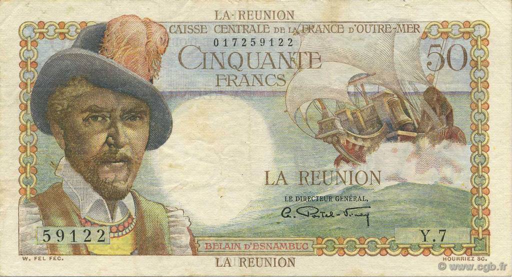 50 Francs Belain d Esnambuc REUNION ISLAND  1946 P.44a VF+