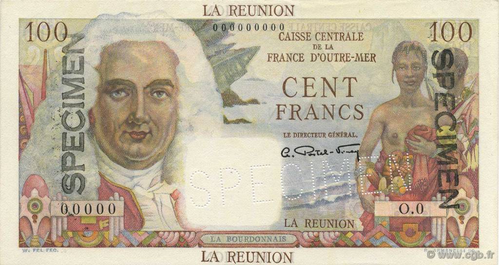 100 Francs La Bourdonnais Spécimen REUNION ISLAND  1946 P.45s UNC-