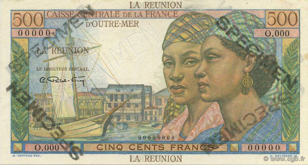 500 Francs Pointe à pitre Spécimen REUNION INSEL  1946 P.46s fST+