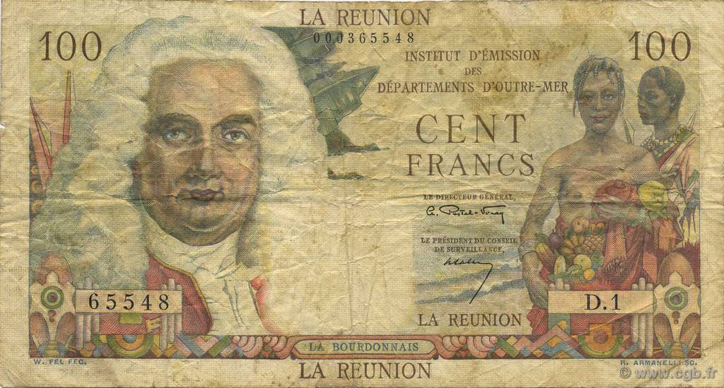 100 Francs La Bourdonnais ISOLA RIUNIONE  1960 P.49a q.MB