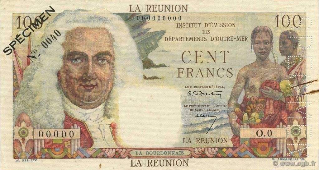 100 Francs La Bourdonnais Spécimen REUNION ISLAND  1960 P.49s XF