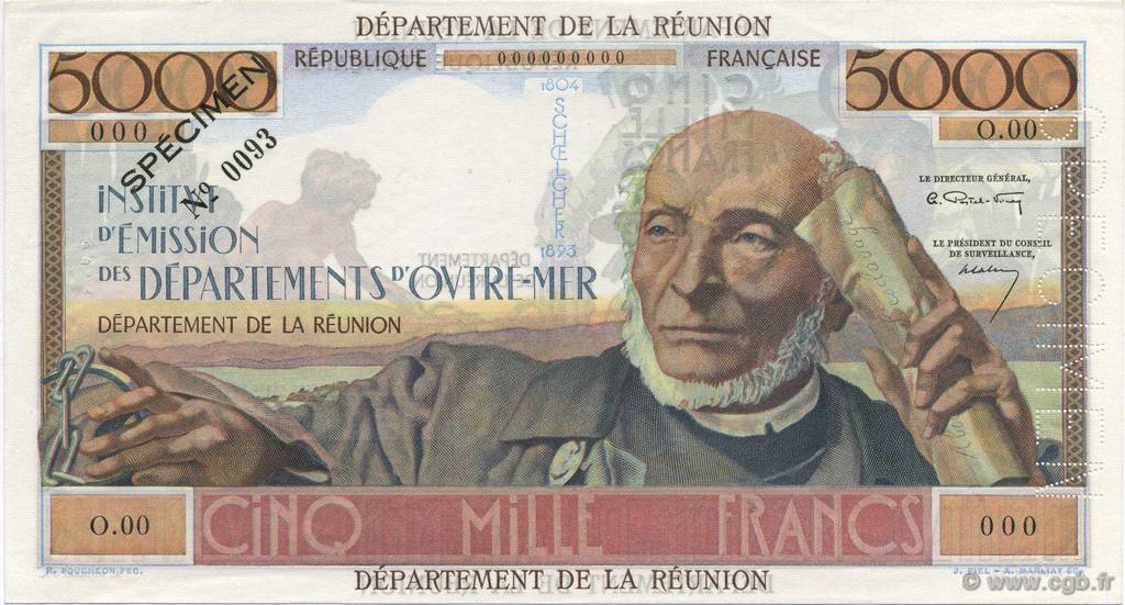 5000 Francs Schoelcher Spécimen ISOLA RIUNIONE  1960 P.50s AU