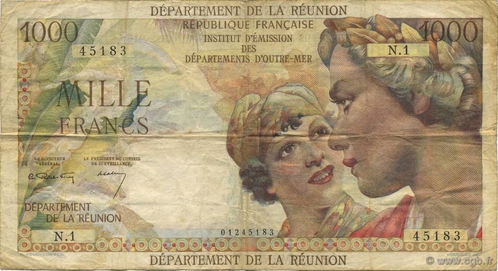 1000 Francs Union Française REUNION ISLAND  1964 P.52a F+
