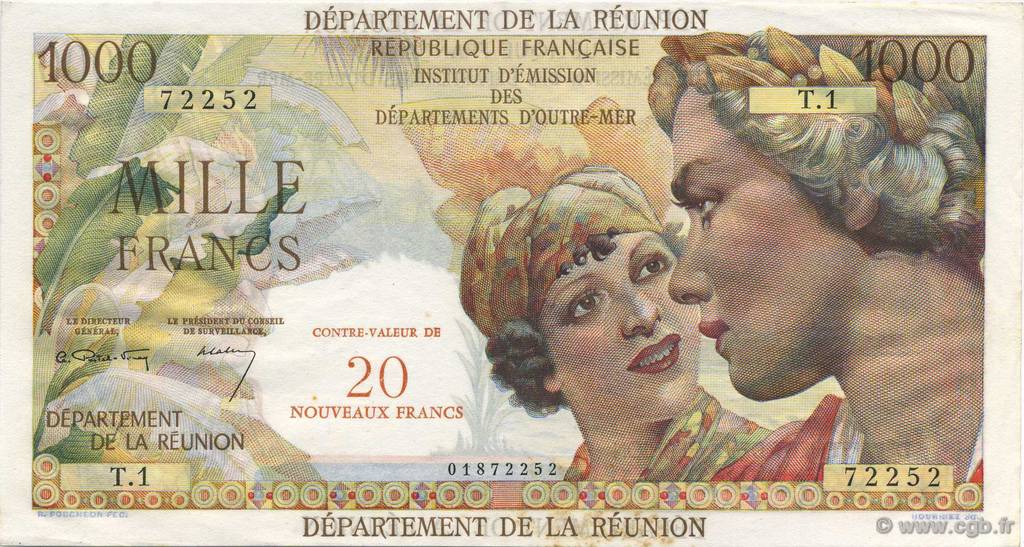 20 NF sur 1000 Francs Union Française ISLA DE LA REUNIóN  1967 P.55a SC
