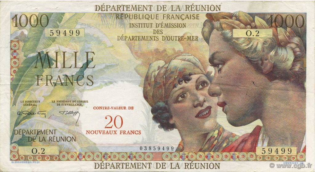 20 NF sur 1000 Francs Union Française ISLA DE LA REUNIóN  1967 P.55b MBC+