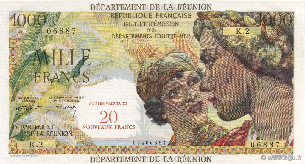 20 NF sur 1000 Francs Union Française REUNION  1967 P.55b UNC