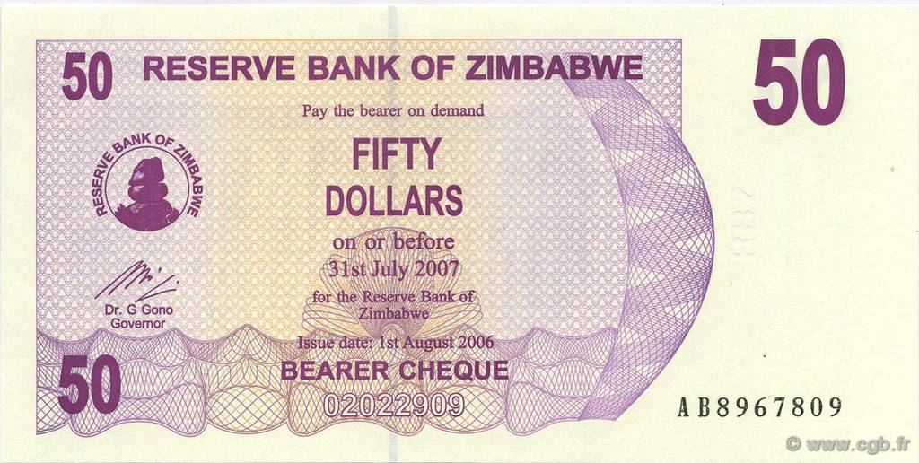 50 Dollars ZIMBABUE  2006 P.41 FDC
