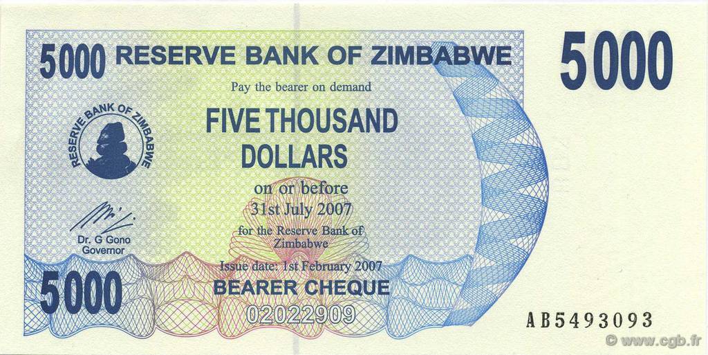 5000 Dollars ZIMBABWE  2007 P.45 UNC