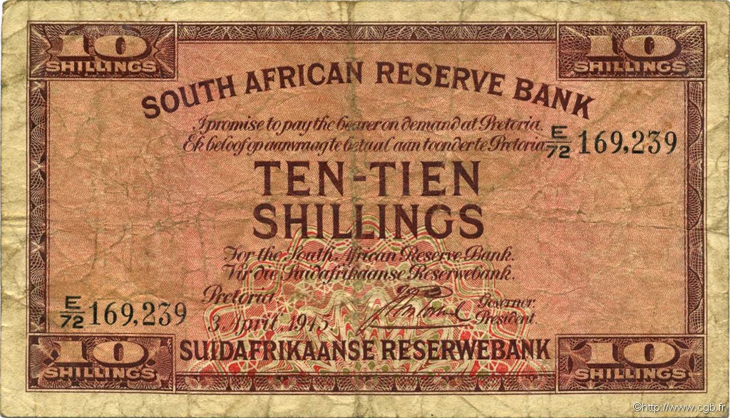 10 Shillings SOUTH AFRICA  1945 P.082d G