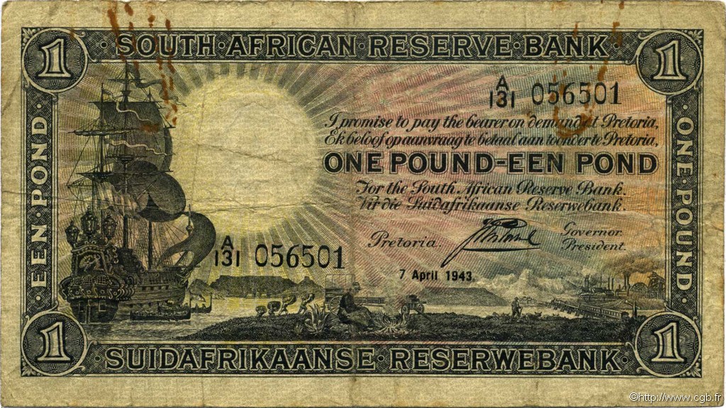 1 Pound SUDAFRICA  1943 P.084e q.MB