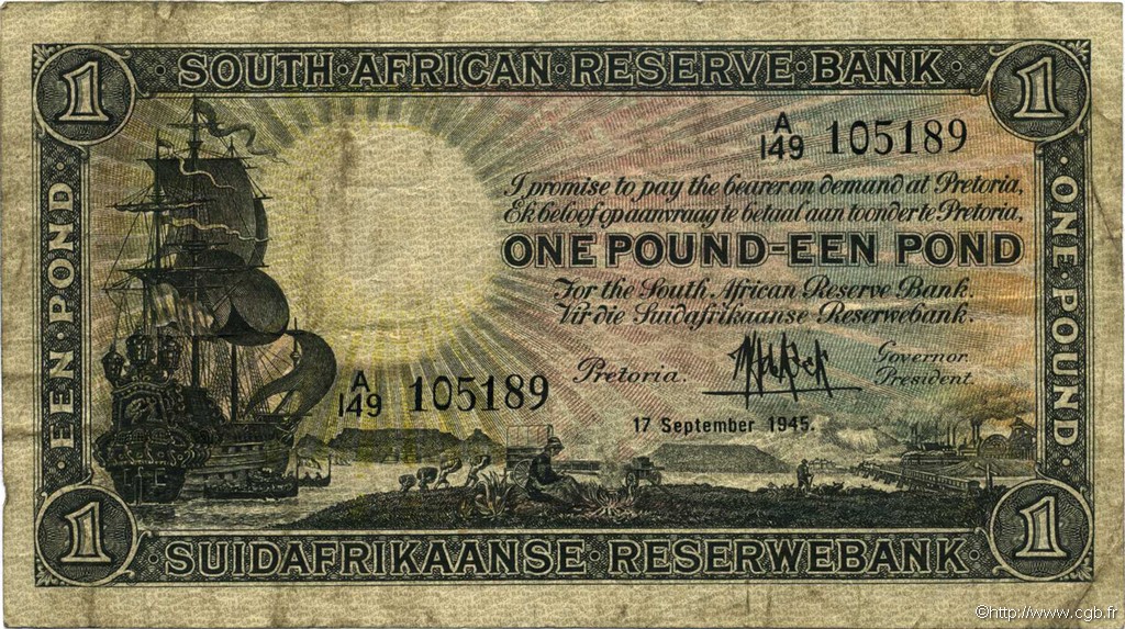 1 Pound SOUTH AFRICA  1945 P.084f F