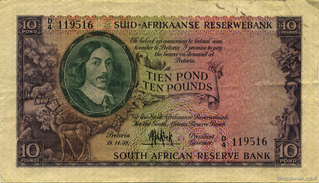 10 Pounds SOUTH AFRICA  1958 P.099 VF+