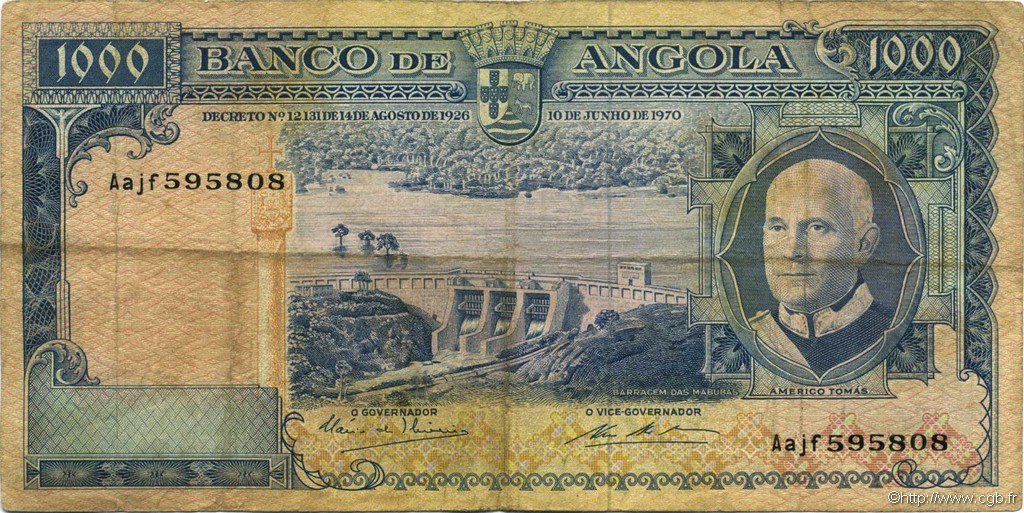 1000 Escudos ANGOLA  1970 P.098 F+