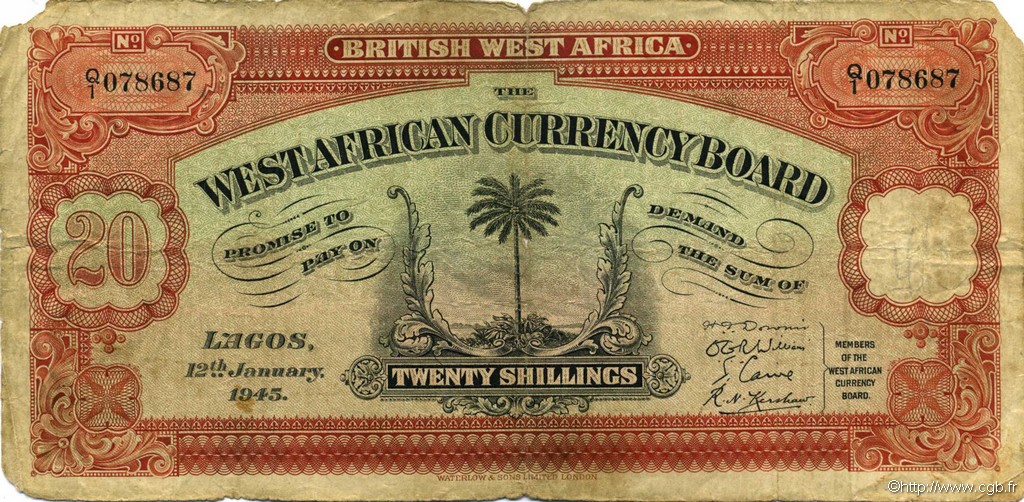20 Shillings ÁFRICA OCCIDENTAL BRITÁNICA  1945 P.08b RC+