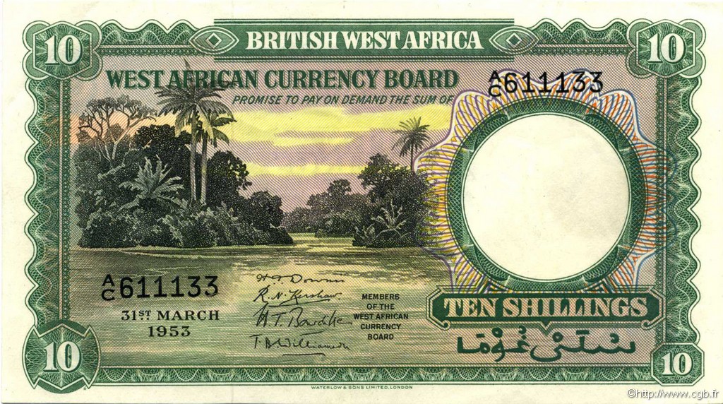10 Shillings AFRICA DI L OVEST BRITANNICA  1953 P.09a SPL+