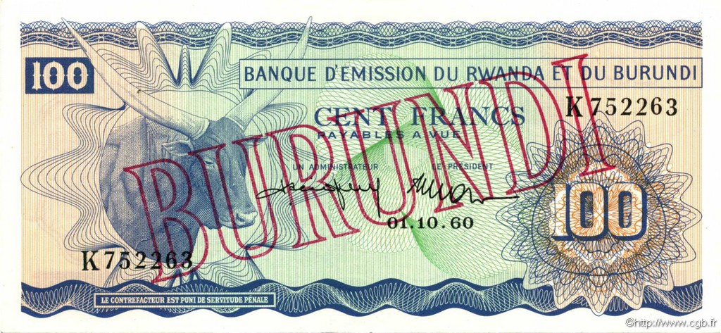 100 Francs BURUNDI  1960 P.05 SPL+