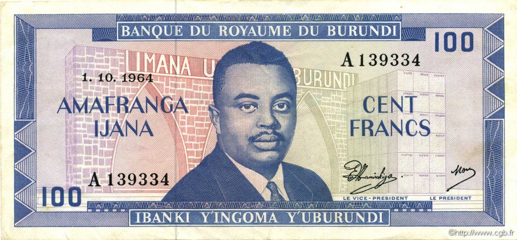 100 Francs BURUNDI  1964 P.12a XF