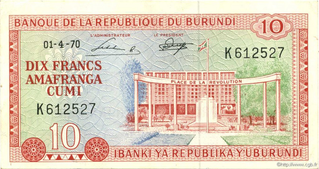 10 Francs BURUNDI  1970 P.20b AU-
