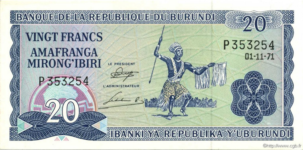 20 Francs BURUNDI  1971 P.21b AU