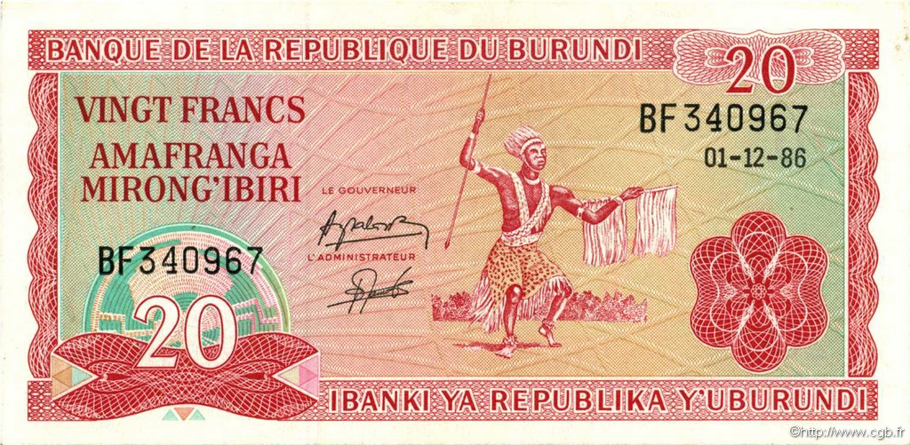 20 Francs BURUNDI  1986 P.27b SC+