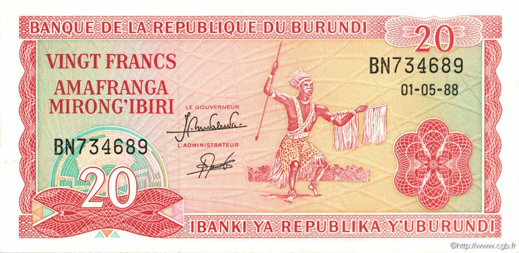 20 Francs BURUNDI  1988 P.27b FDC