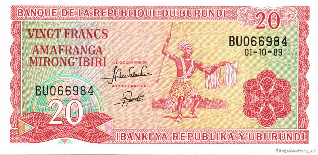 20 Francs BURUNDI  1989 P.27b FDC