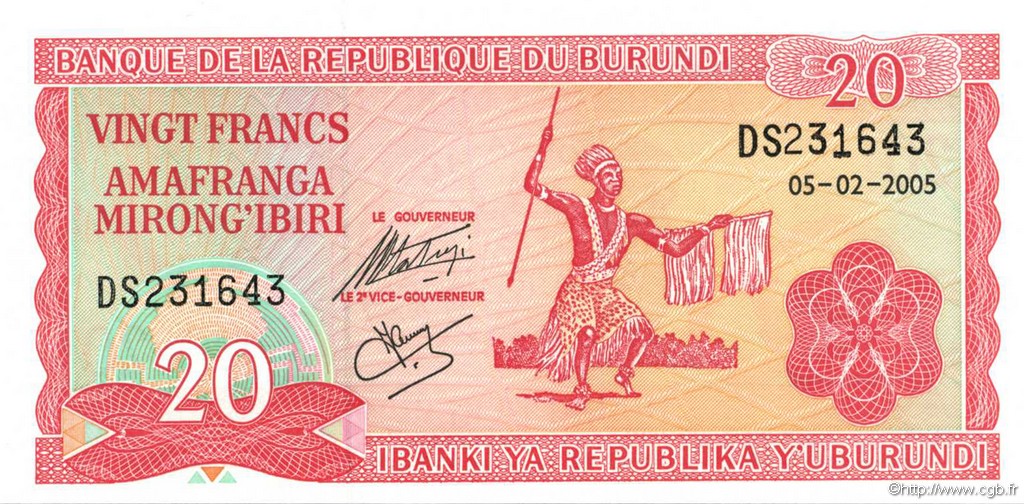 20 Francs BURUNDI  2005 P.27d FDC