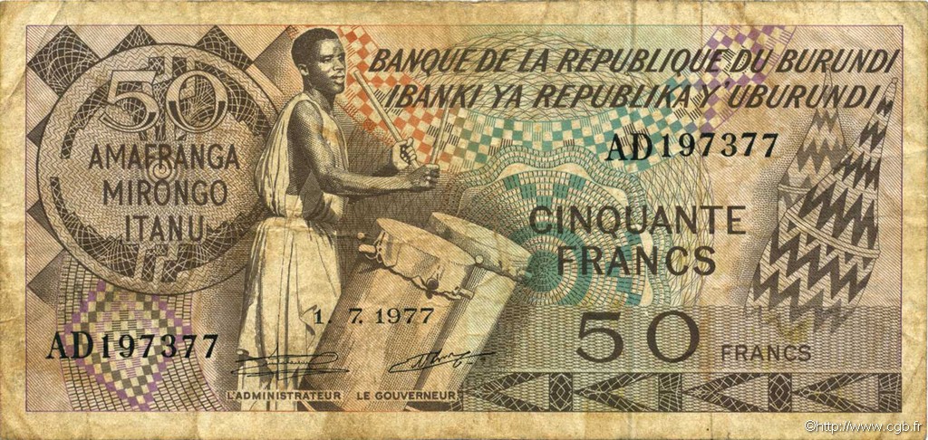 50 Francs BURUNDI  1977 P.28a F+