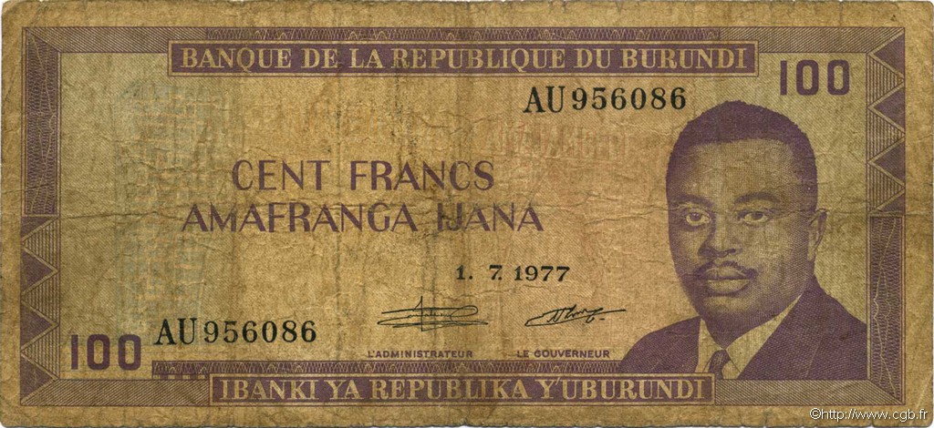 100 Francs BURUNDI  1977 P.29a SGE