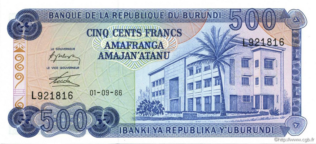 500 Francs BURUNDI  1986 P.30b SC+
