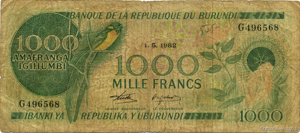 1000 Francs BURUNDI  1982 P.31b VG