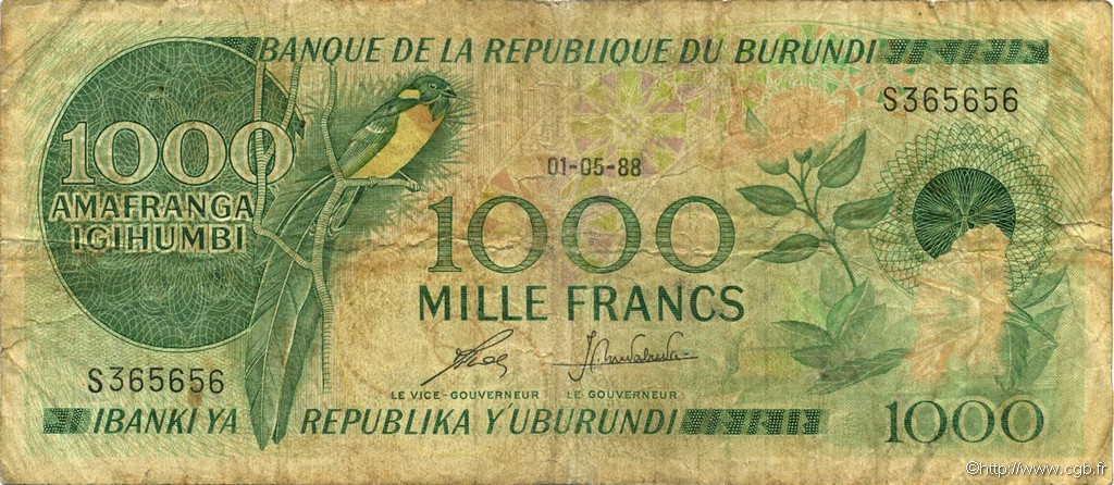 1000 Francs BURUNDI  1988 P.31d VG