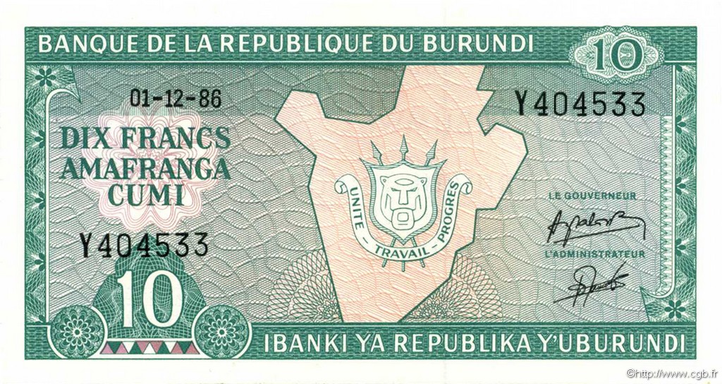 10 Francs BURUNDI  1986 P.33b FDC