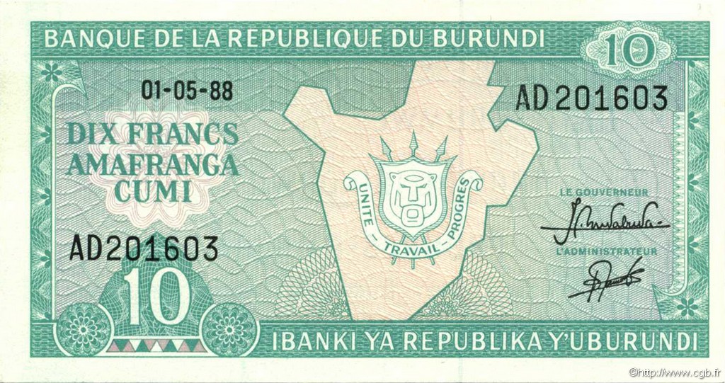 10 Francs BURUNDI  1988 P.33b FDC