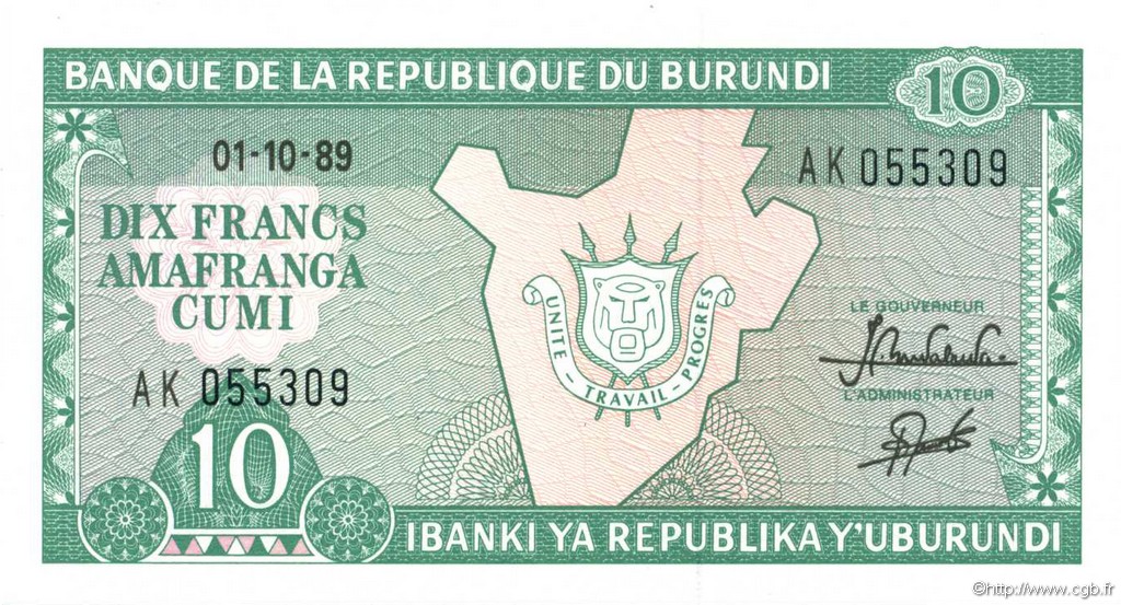 10 Francs BURUNDI  1989 P.33b ST