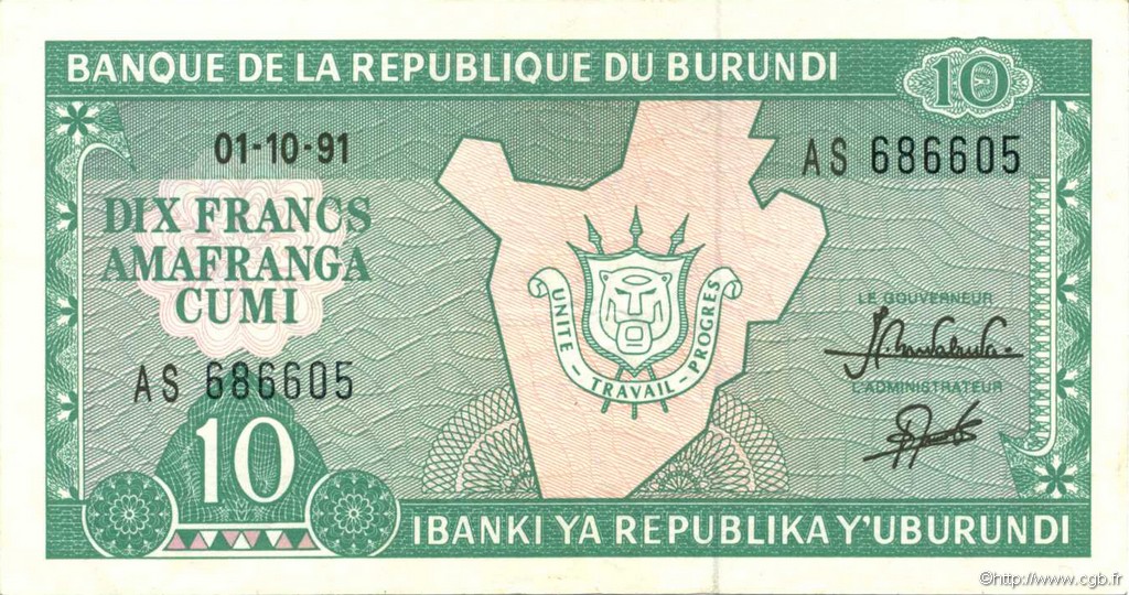 10 Francs BURUNDI  1991 P.33b VZ
