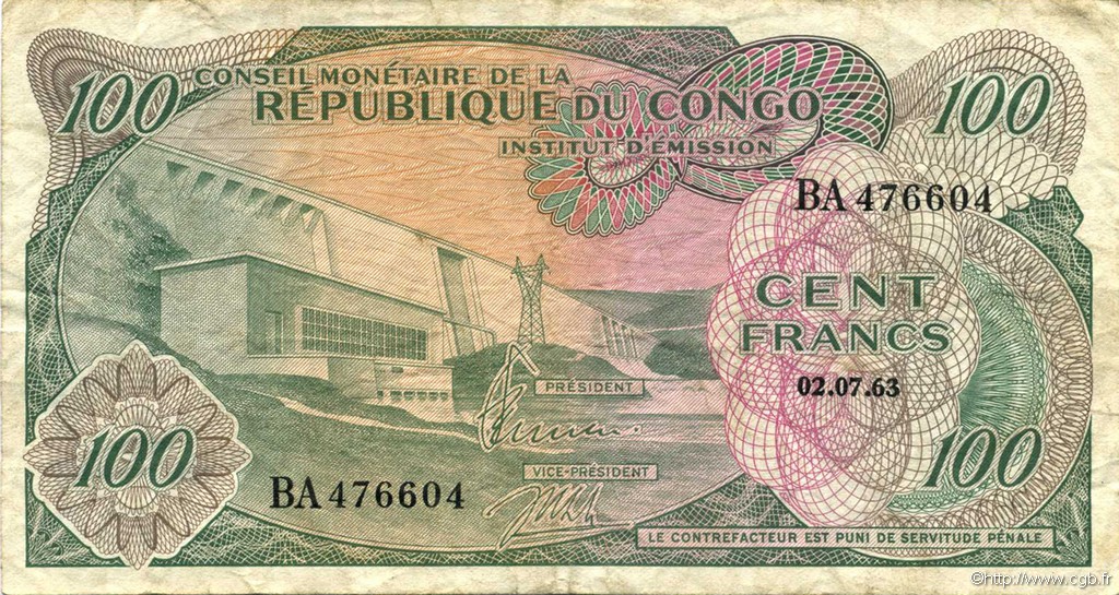 100 Francs RÉPUBLIQUE DÉMOCRATIQUE DU CONGO  1963 P.001a TB+