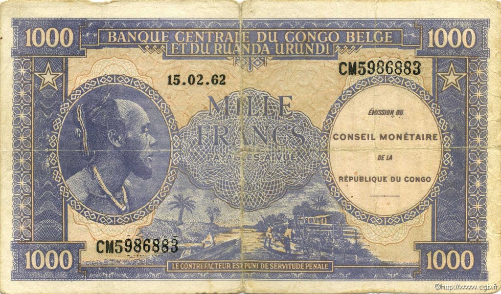 1000 Francs Faux REPUBBLICA DEMOCRATICA DEL CONGO  1962 P.002x q.MB