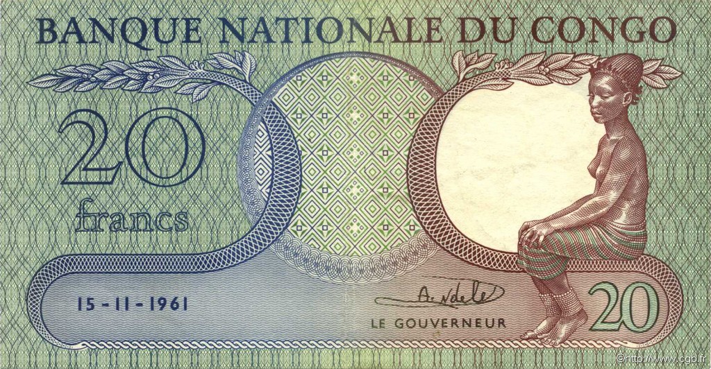 20 Francs CONGO, DEMOCRATIQUE REPUBLIC  1961 P.004a XF-
