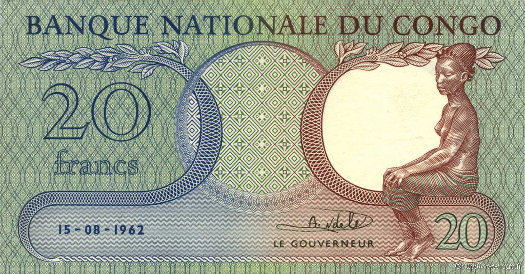 20 Francs DEMOKRATISCHE REPUBLIK KONGO  1962 P.004a VZ