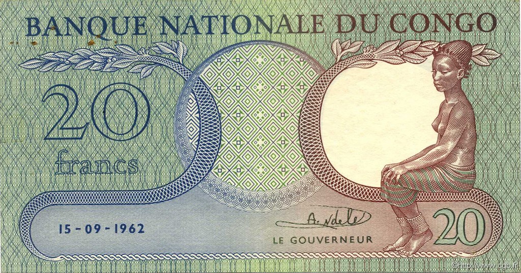 20 Francs CONGO, DEMOCRATIC REPUBLIC  1962 P.004a XF-