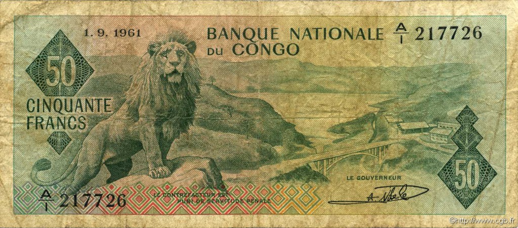50 Francs REPUBBLICA DEMOCRATICA DEL CONGO  1961 P.005a q.MB