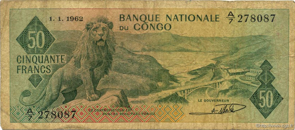 50 Francs REPUBBLICA DEMOCRATICA DEL CONGO  1962 P.005a q.MB