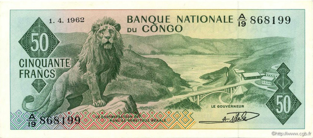 50 Francs REPúBLICA DEMOCRáTICA DEL CONGO  1962 P.005a EBC+