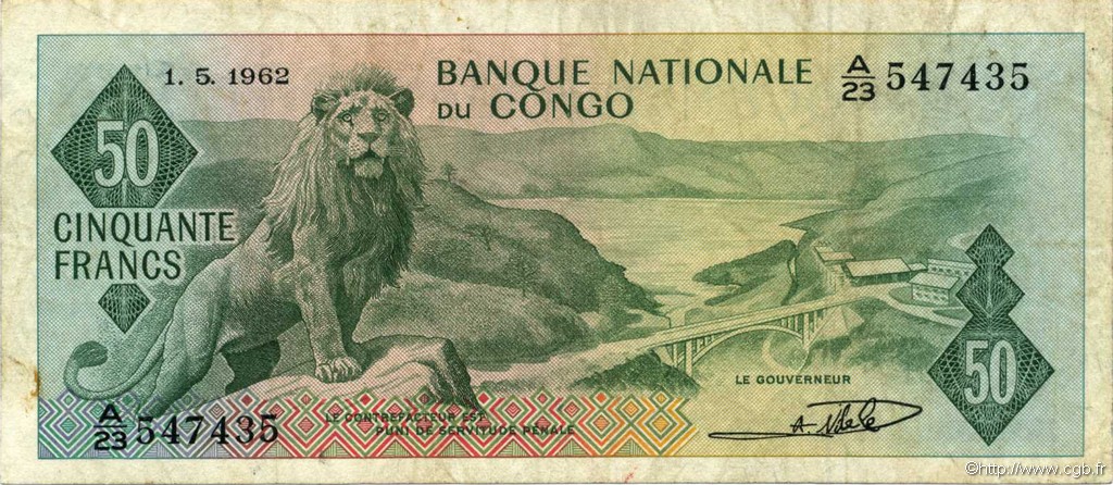 50 Francs REPúBLICA DEMOCRáTICA DEL CONGO  1962 P.005a BC