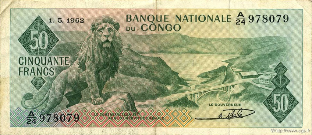 50 Francs REPúBLICA DEMOCRáTICA DEL CONGO  1962 P.005a MBC