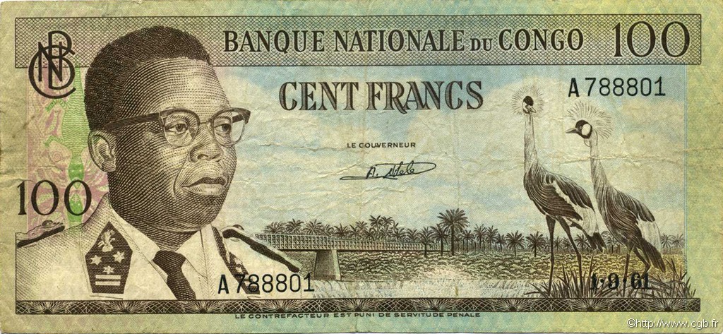100 Francs CONGO, DEMOCRATIC REPUBLIC  1961 P.006a F
