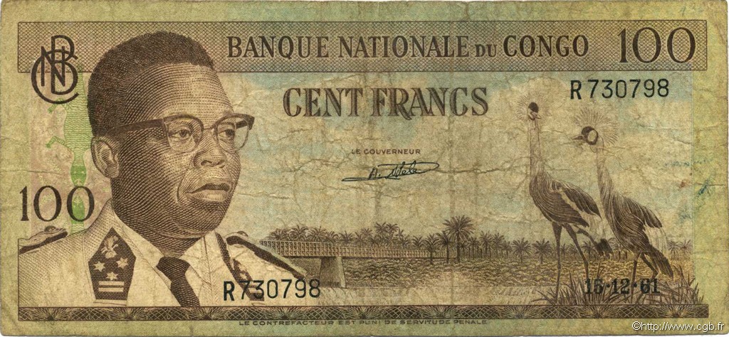 100 Francs REPUBBLICA DEMOCRATICA DEL CONGO  1961 P.006a B