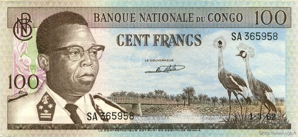 100 Francs REPúBLICA DEMOCRáTICA DEL CONGO  1962 P.006a EBC+