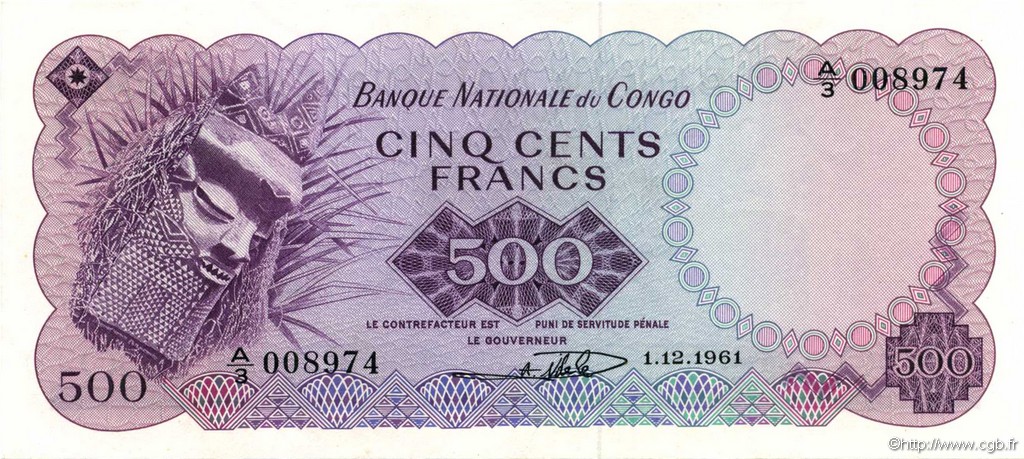 500 Francs REPúBLICA DEMOCRáTICA DEL CONGO  1961 P.007a FDC